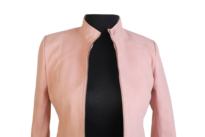 Women Pink Aviator Leather Jacket, Front Detaildetails