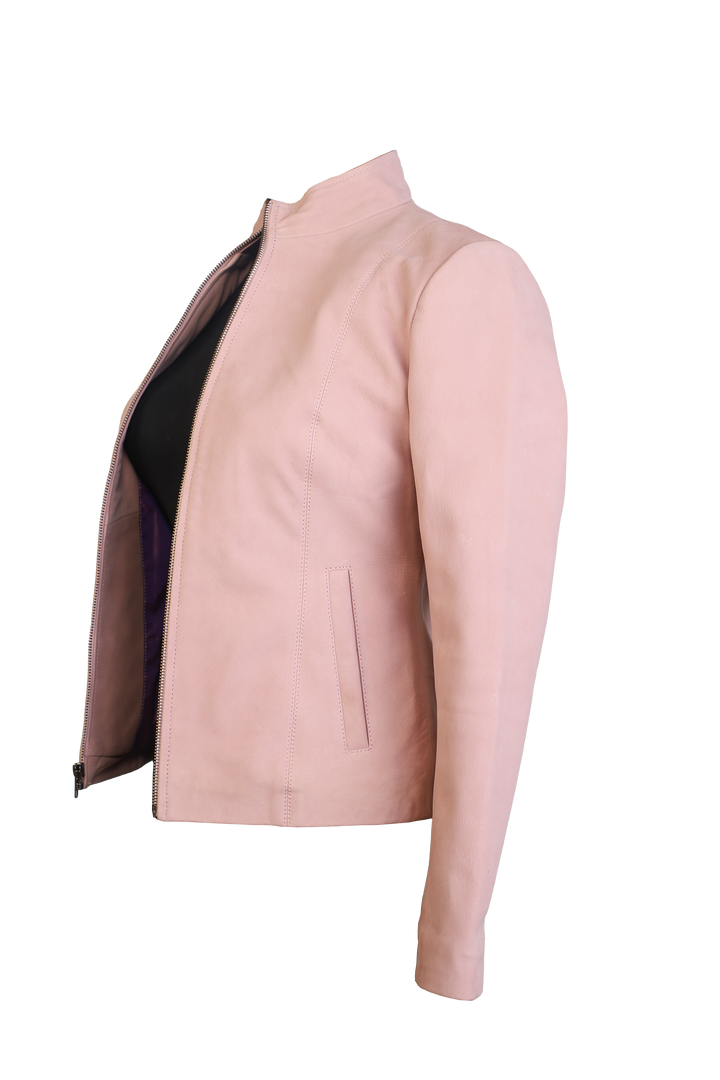 Women Pink Aviator Leather Jacket, Side Details