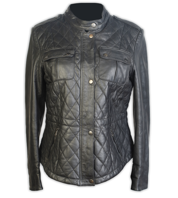 Women Bomber Black Leather Jacket With Quilted Front Pockets