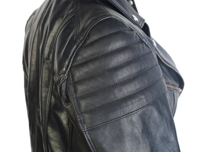 F1 Motorcycle Racer Leather Jacket, ribbed shoulder close up