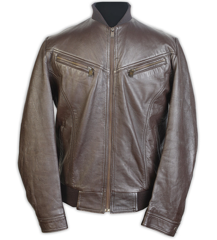 Men Brown Bomber Leather Jacket, Front