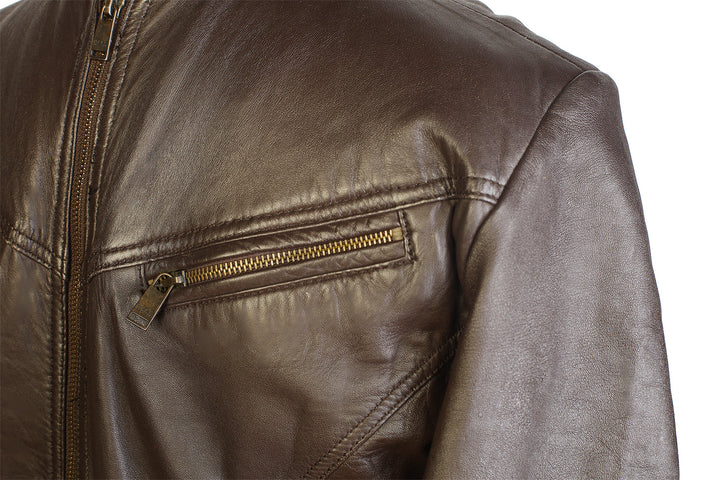 Men Brown Bomber Leather Jacket, Front Closeup