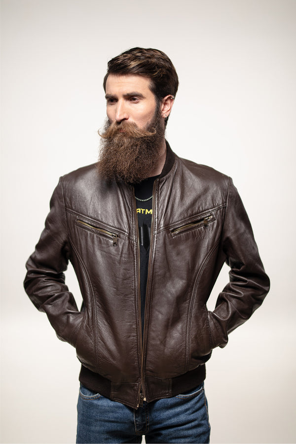 Men Brown Bomber Leather Jacket, cafe racer, stylish, modern, Photoshoot model