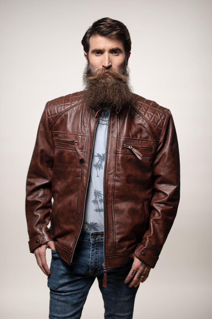 Mens Brown Quilted Bomber Jacket, Photoshoot Model