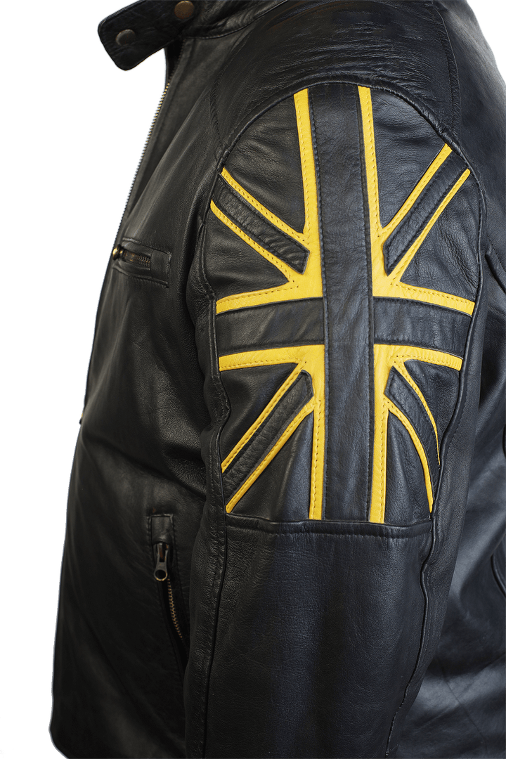 Mens Black Bomber Jacket Gold UK Flag Design, Sleeve UK Flag detail closeup