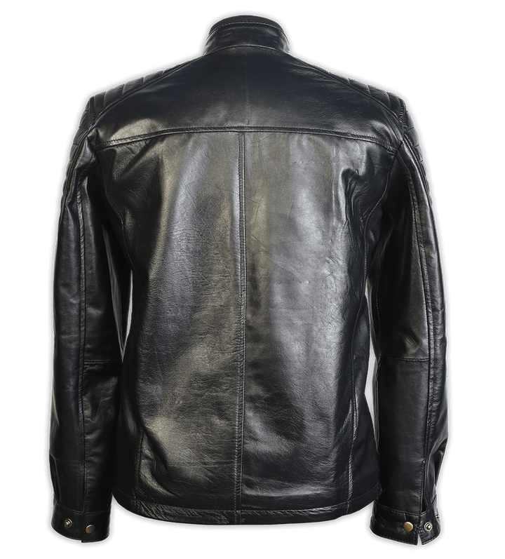 Mens Black Bomber Leather Jacket Ribbed Shoulder, Back