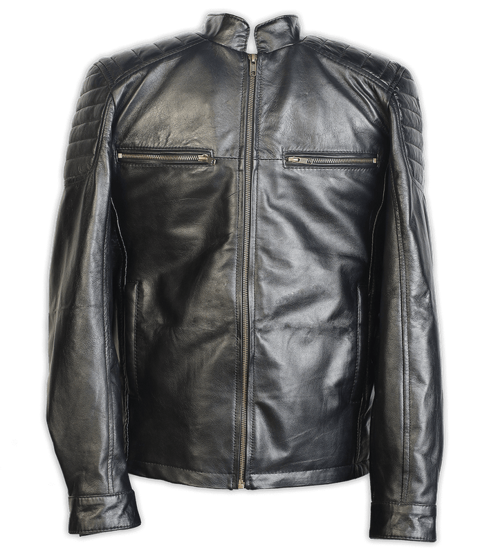 Mens Black Bomber Leather Jacket Ribbed Shoulder, Front