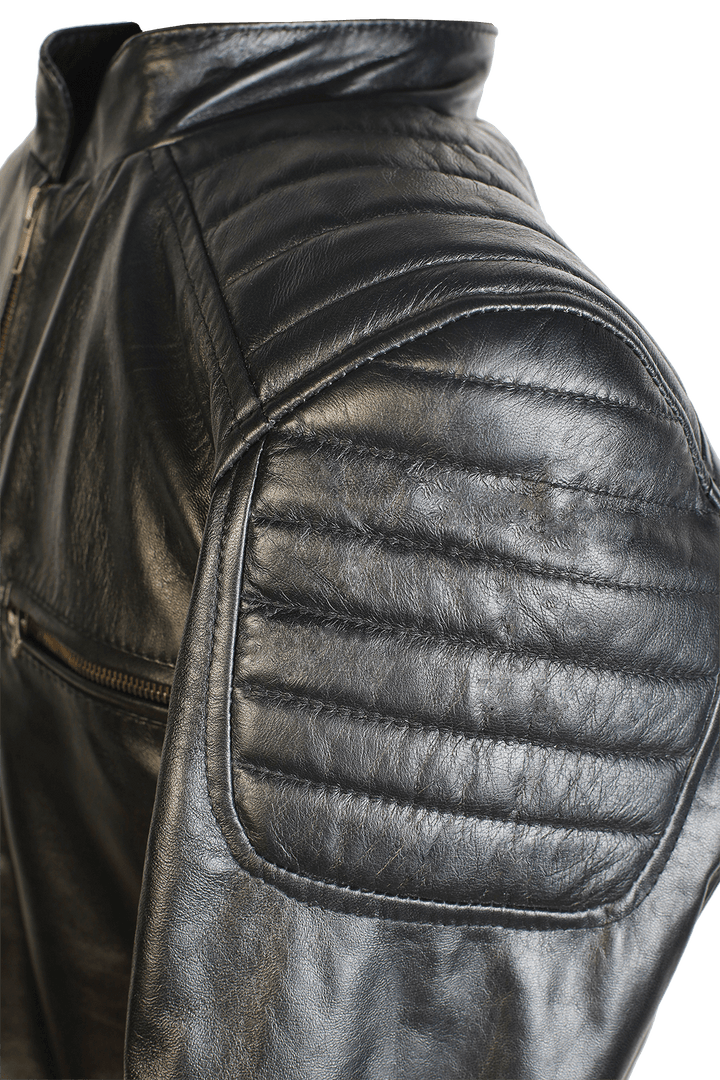 Mens Black Bomber Leather Jacket Ribbed Shoulder, Ribbed Shoulder stripe detail closeup