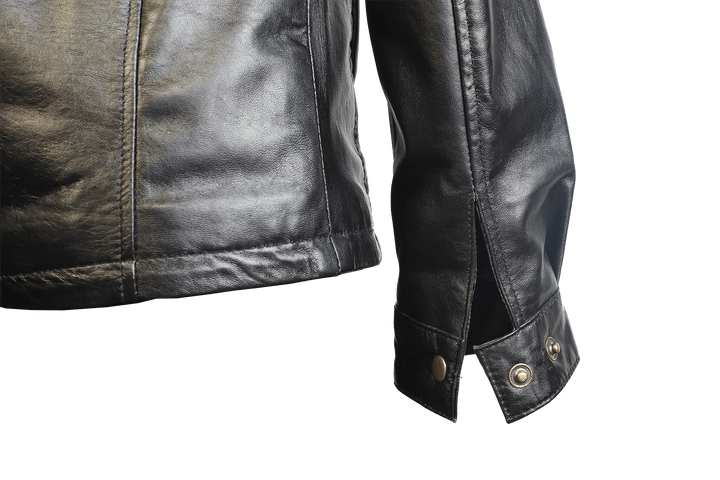 Mens Black Bomber Leather Jacket Ribbed Shoulder, detail closeup back