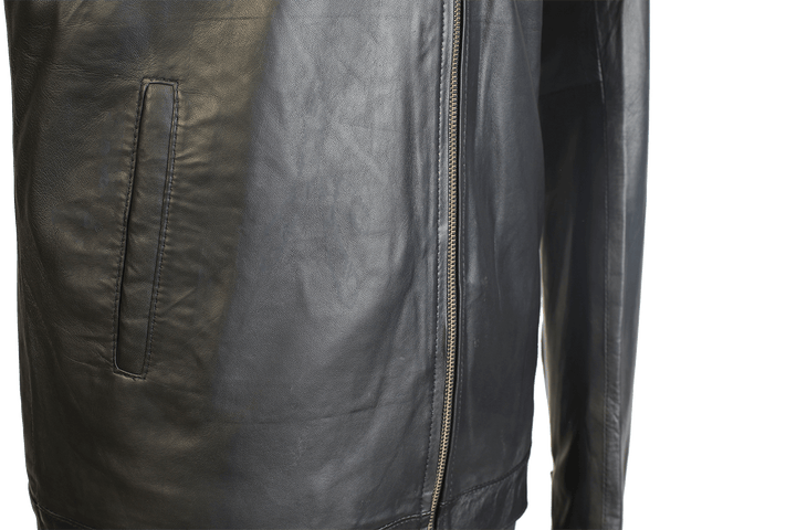 Mens Black Leather Aviator Jacket, zip and pocket detail