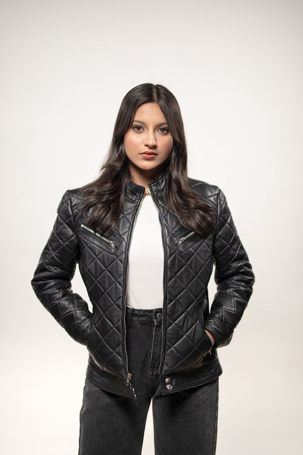 Womens Black Quilted Aviator Jacket, Model Photoshoot