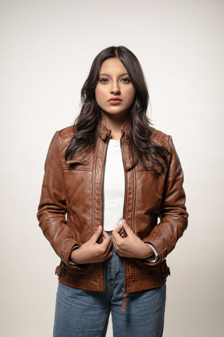 Womens Brown Quilted Bomber leather Jacket, Photoshoot